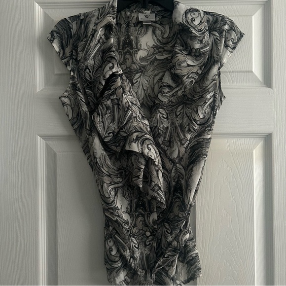 Worthington Ruffled Button Down Black/White Patterned Blouse w/ Waist Tie, Small - Picture 1 of 6